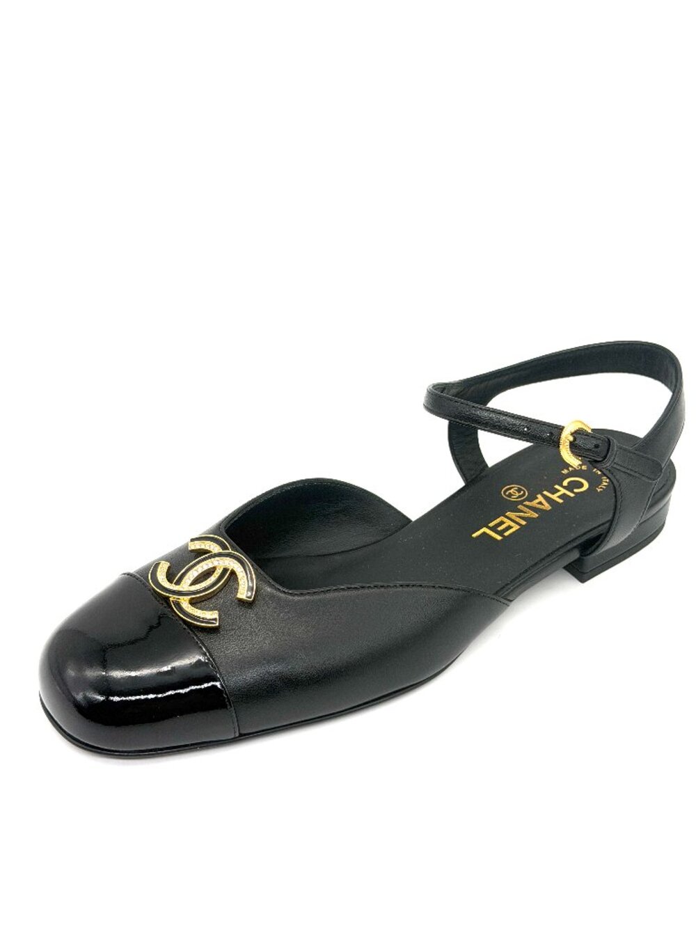 CHANEL 25P Leather Crystal CC Slingback Ballerina Flat Sandals Shoes Black